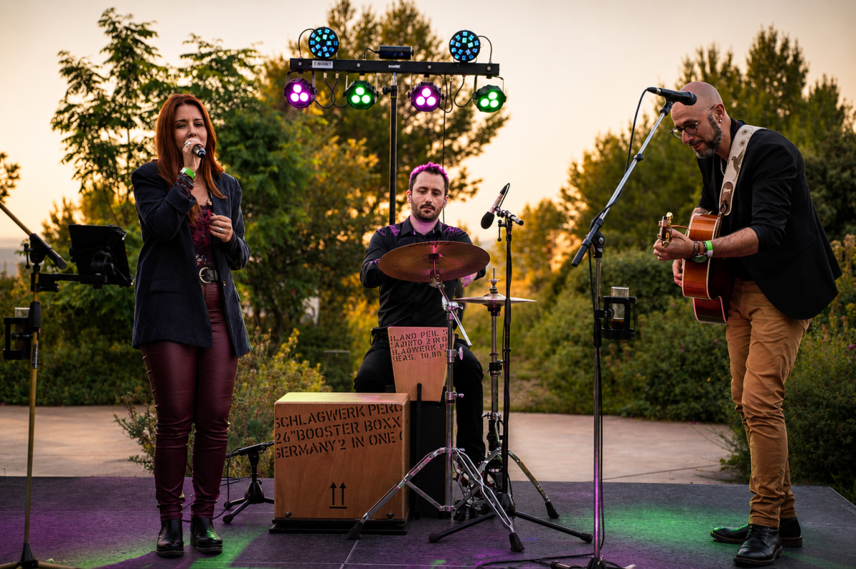 Trio live Studio R Music avec chant, guitare et percussions lors d’un événement à Marseille